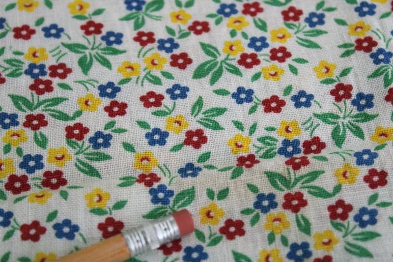 photo of vintage print cotton feed sack fabric, tiny flowers in primary red, blue, yellow #4