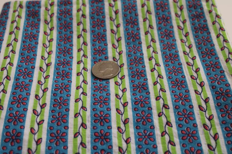 photo of vintage print cotton feed sack fabric, vines & flower stripes, lime green, blue, pink #1