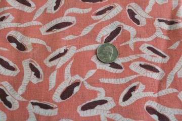 catalog photo of vintage print cotton feedsack fabric, coral pink w/ sewing tape measures