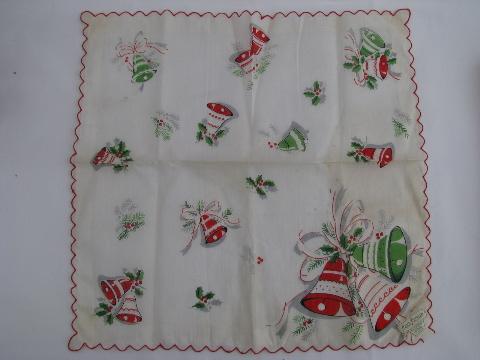 photo of vintage print cotton gift hanky, Christmas bells handkerchief, original label #1