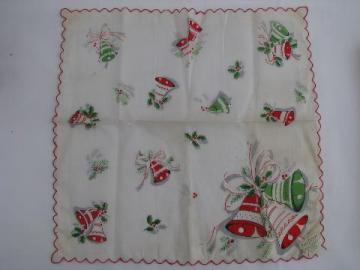 catalog photo of vintage print cotton gift hanky, Christmas bells handkerchief, original label