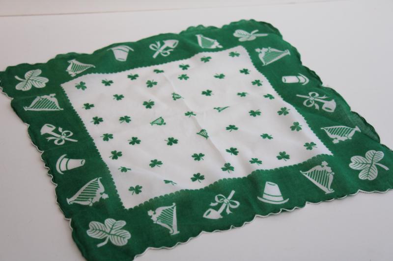 photo of vintage print cotton hanky Ireland theme Irish harps lucky shamrock clovers #1