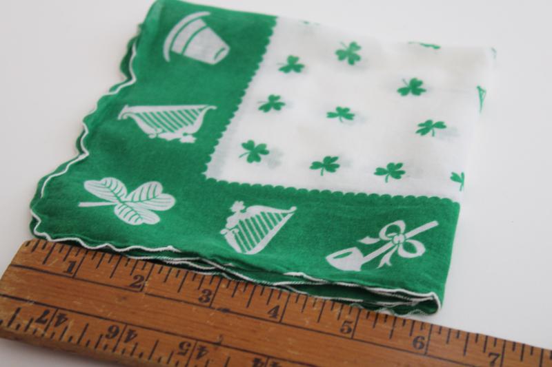 photo of vintage print cotton hanky Ireland theme Irish harps lucky shamrock clovers #3