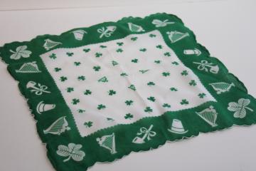 catalog photo of vintage print cotton hanky Ireland theme Irish harps lucky shamrock clovers