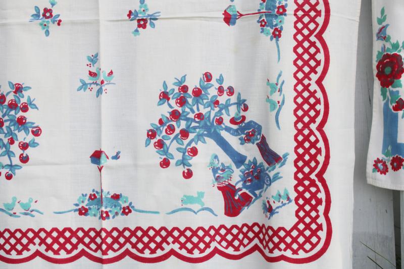 photo of vintage print cotton kitchen tablecloth & dish towels, red, light blue, mint green  #3