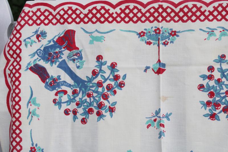 photo of vintage print cotton kitchen tablecloth & dish towels, red, light blue, mint green  #4