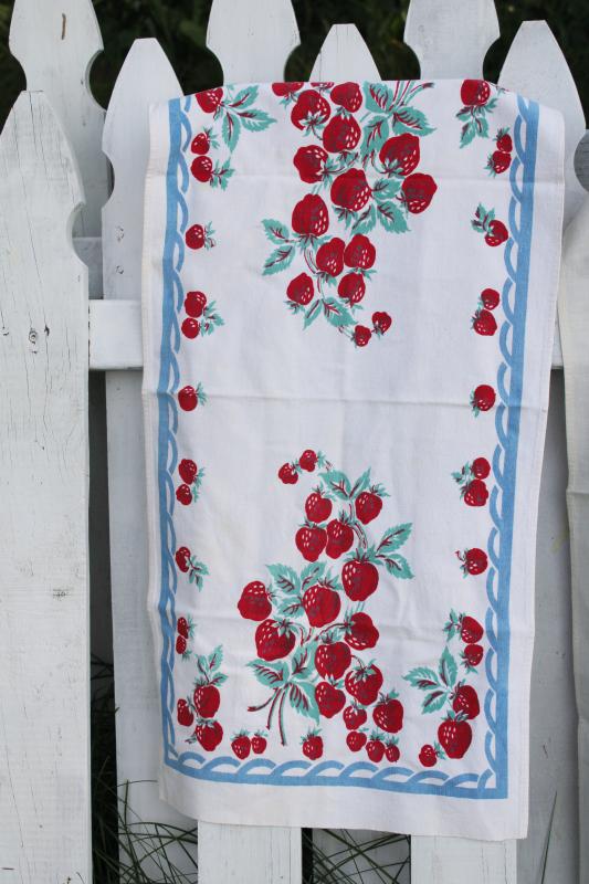 photo of vintage print cotton kitchen tablecloth & dish towels, red, light blue, mint green  #5