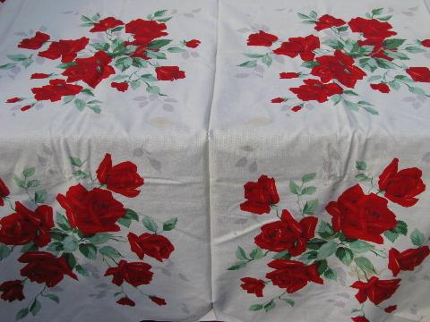 photo of vintage print cotton kitchen tablecloth, red roses #1