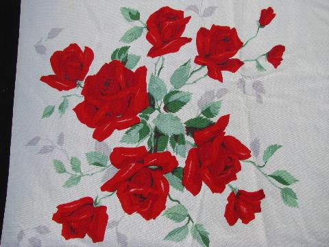 photo of vintage print cotton kitchen tablecloth, red roses #2