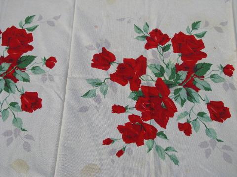 photo of vintage print cotton kitchen tablecloth, red roses #3