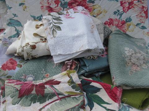 photo of vintage print cotton & rayon barkcloth fabric remnants, many florals & roses, large lot #1