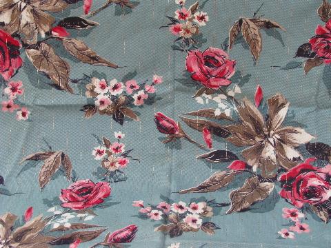 photo of vintage print cotton & rayon barkcloth fabric remnants, many florals & roses, large lot #6