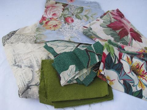 photo of vintage print cotton & rayon barkcloth fabric remnants, many florals & roses, large lot #9