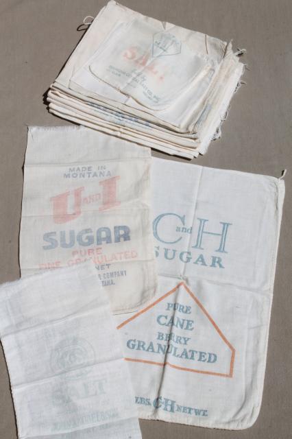 photo of vintage print cotton salt & sugar bags, small flour sack fabric bags w/ old printed ad labels #1