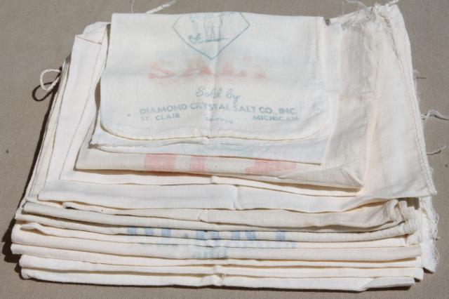 photo of vintage print cotton salt & sugar bags, small flour sack fabric bags w/ old printed ad labels #5