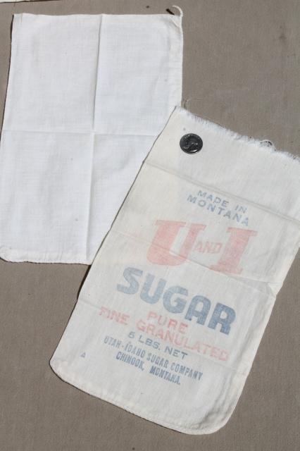 photo of vintage print cotton salt & sugar bags, small flour sack fabric bags w/ old printed ad labels #7