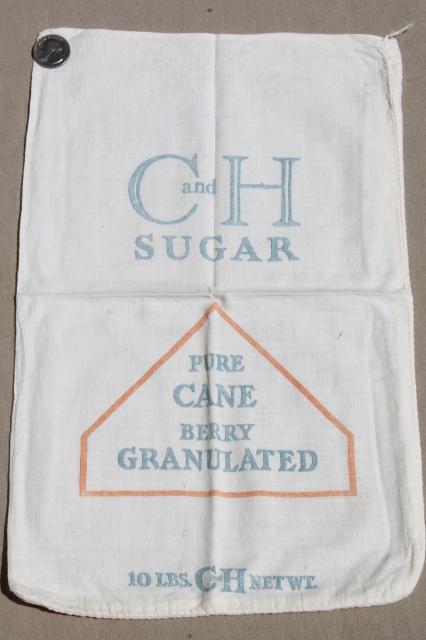 photo of vintage print cotton salt & sugar bags, small flour sack fabric bags w/ old printed ad labels #9