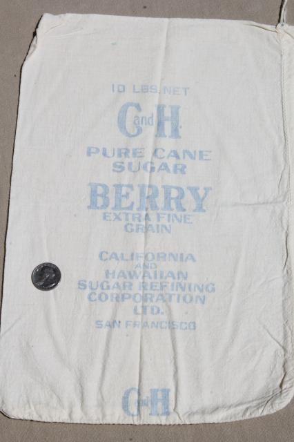 photo of vintage print cotton salt & sugar bags, small flour sack fabric bags w/ old printed ad labels #11