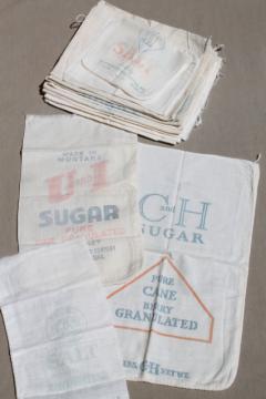 catalog photo of vintage print cotton salt & sugar bags, small flour sack fabric bags w/ old printed ad labels