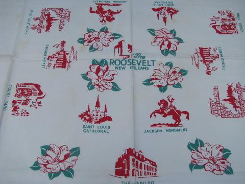 photo of vintage print cotton souvenir tablecloth, The Roosevelt - New Orleans landmarks #2