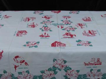 catalog photo of vintage print cotton souvenir tablecloth, The Roosevelt - New Orleans landmarks