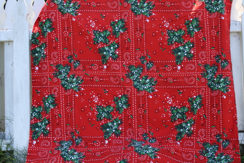 photo of vintage print cotton tablecloth Christmas holly red bandana print, western country holiday #1