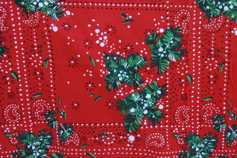 photo of vintage print cotton tablecloth Christmas holly red bandana print, western country holiday #3