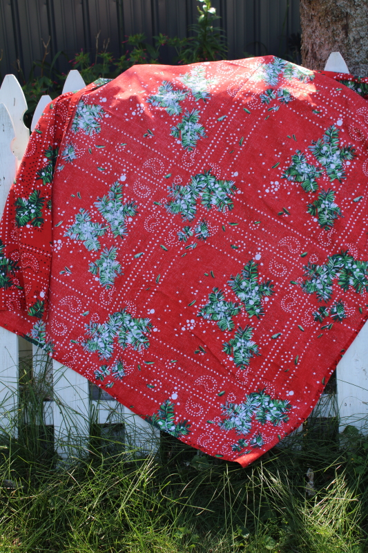 photo of vintage print cotton tablecloth Christmas holly red bandana print, western country holiday #4