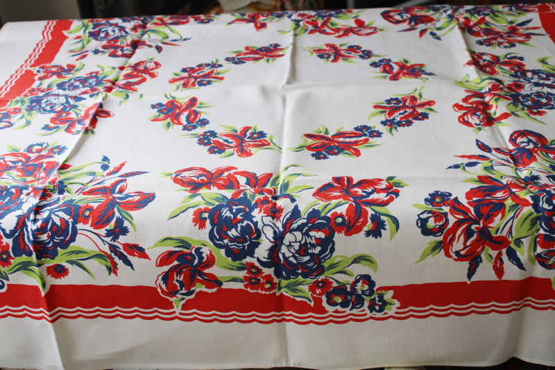 photo of vintage print cotton tablecloth, bright floral in retro colors #1