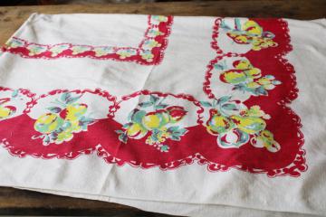 catalog photo of vintage print cotton tablecloth for upcycle fabric or retro kitchen, bright fruit w/ red