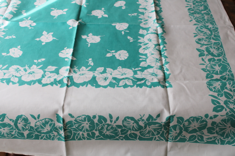 photo of vintage print cotton tablecloth for upcycle fabric or retro kitchen, jade green flowers #1