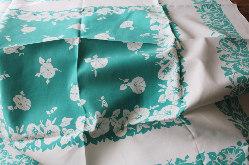 photo of vintage print cotton tablecloth for upcycle fabric or retro kitchen, jade green flowers #6