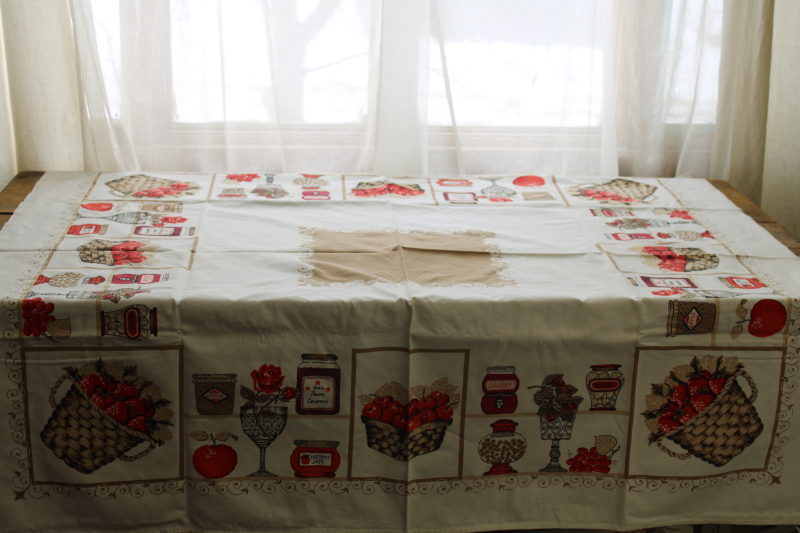 photo of vintage print cotton tablecloth, grandmacore country kitchen jam jars & fruit #1