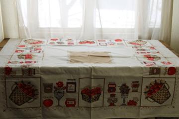 catalog photo of vintage print cotton tablecloth, grandmacore country kitchen jam jars & fruit 