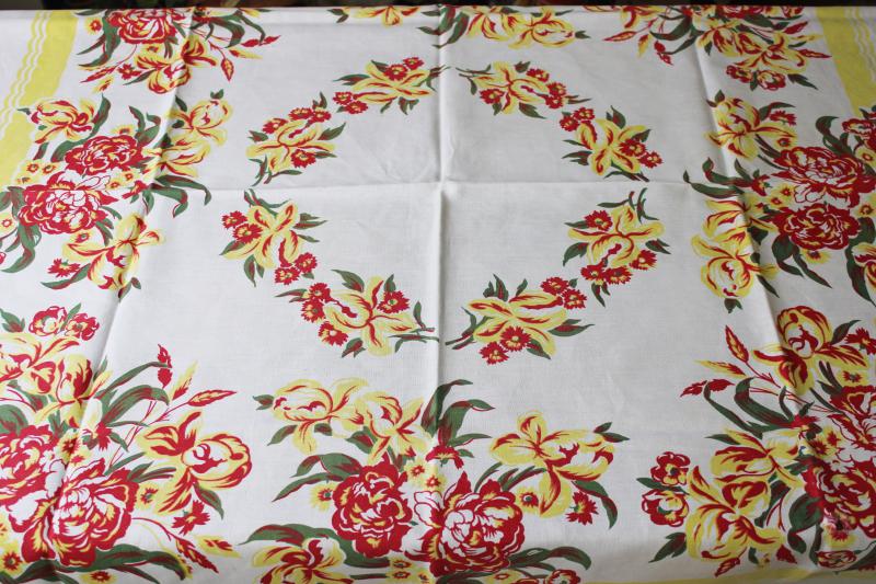 photo of vintage print cotton tablecloth, iris & peonies floral bright retro colors #1