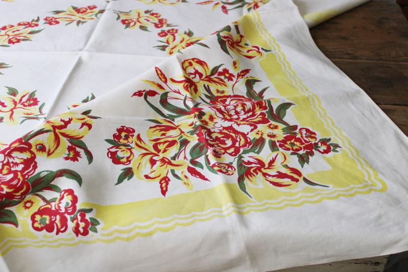 photo of vintage print cotton tablecloth, iris & peonies floral bright retro colors #2