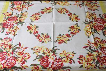 catalog photo of vintage print cotton tablecloth, iris & peonies floral bright retro colors