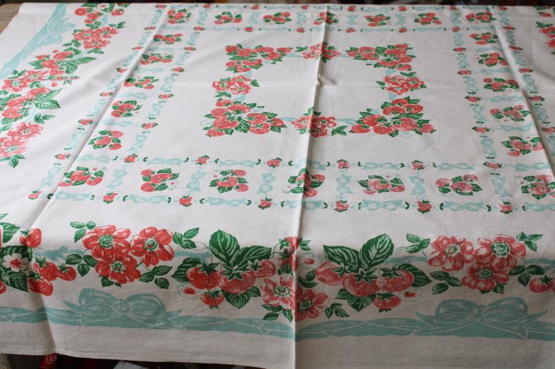 photo of  vintage print cotton tablecloth, strawberries & flowers w/ aqua ribbons #1