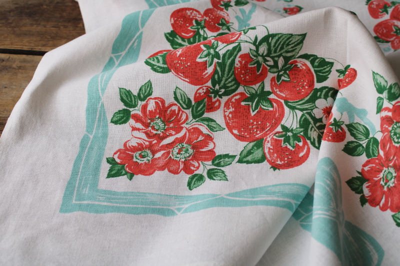 photo of  vintage print cotton tablecloth, strawberries & flowers w/ aqua ribbons #2