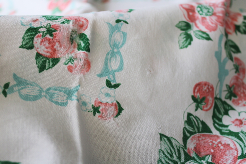 photo of  vintage print cotton tablecloth, strawberries & flowers w/ aqua ribbons #3