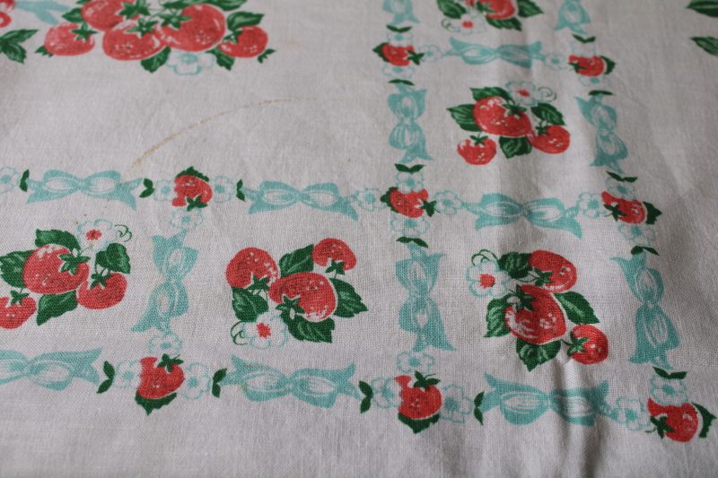 photo of  vintage print cotton tablecloth, strawberries & flowers w/ aqua ribbons #5