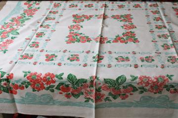 catalog photo of  vintage print cotton tablecloth, strawberries & flowers w/ aqua ribbons