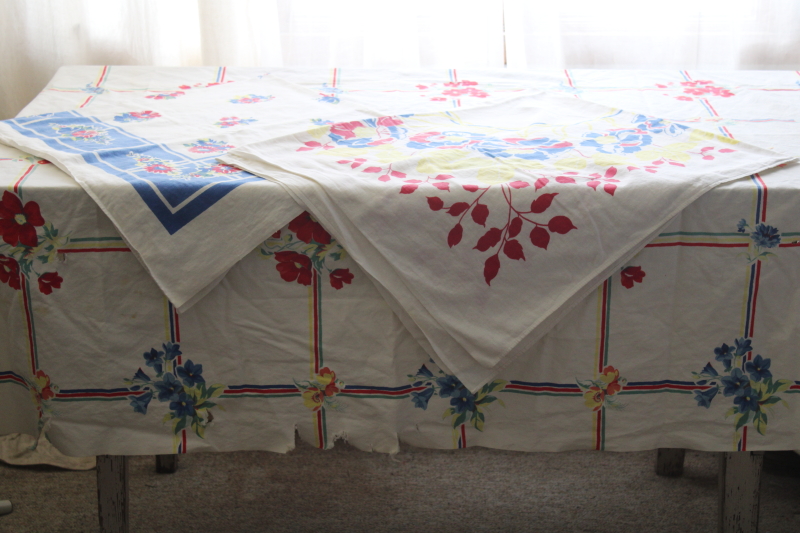 photo of vintage print cotton tablecloths lot, bright retro florals red blue yellow, upcycle cutter fabric #1