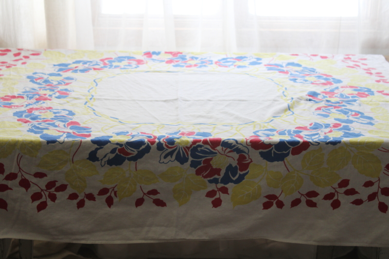 photo of vintage print cotton tablecloths lot, bright retro florals red blue yellow, upcycle cutter fabric #4