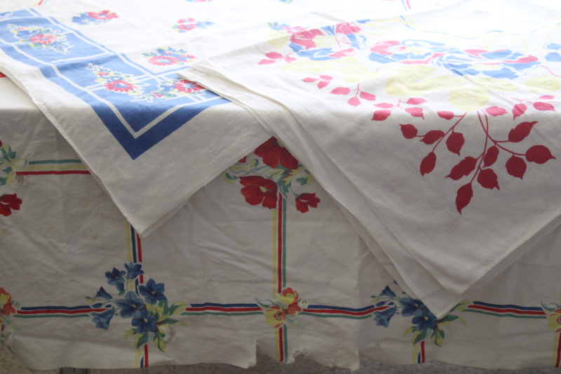 photo of vintage print cotton tablecloths lot, bright retro florals red blue yellow, upcycle cutter fabric #6