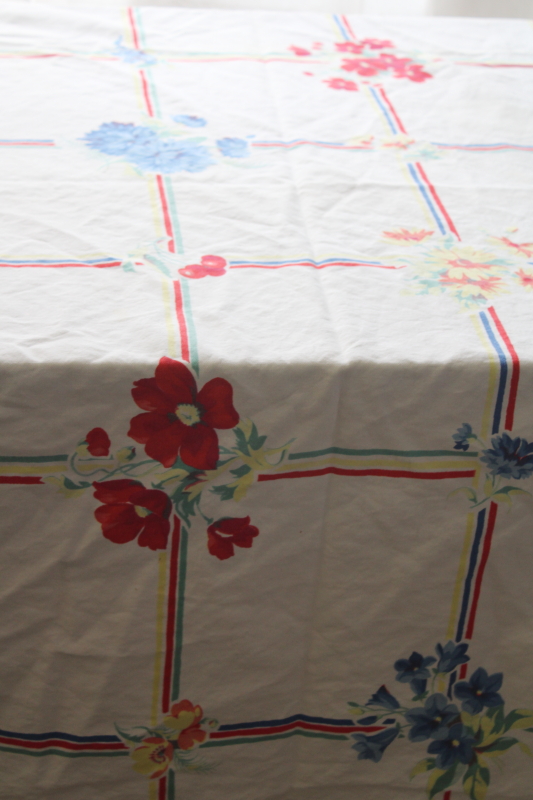 photo of vintage print cotton tablecloths lot, bright retro florals red blue yellow, upcycle cutter fabric #7