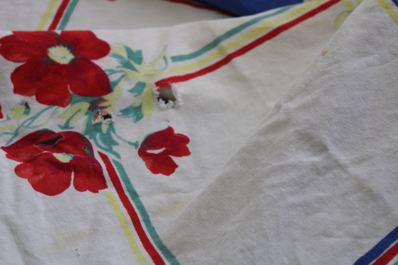 photo of vintage print cotton tablecloths lot, bright retro florals red blue yellow, upcycle cutter fabric #10