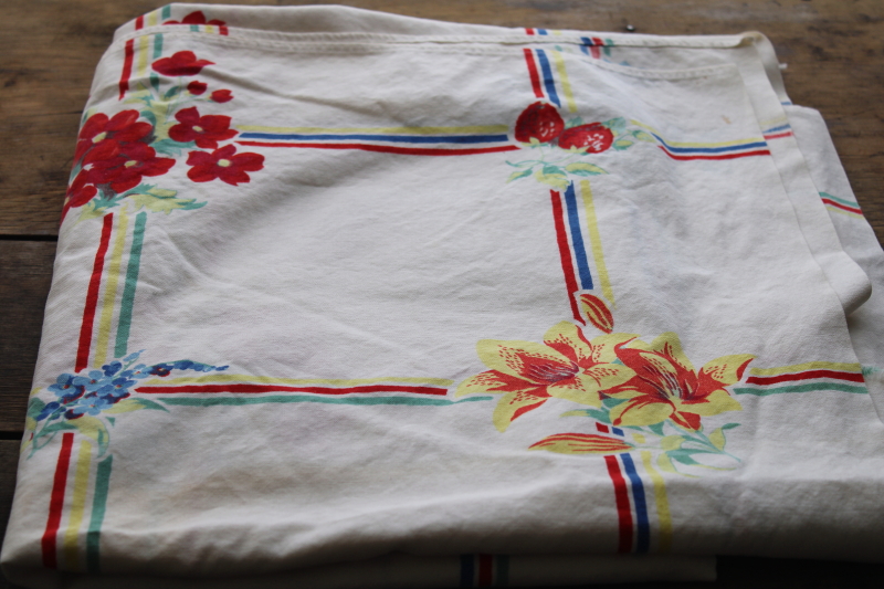 photo of vintage print cotton tablecloths lot, bright retro florals red blue yellow, upcycle cutter fabric #11