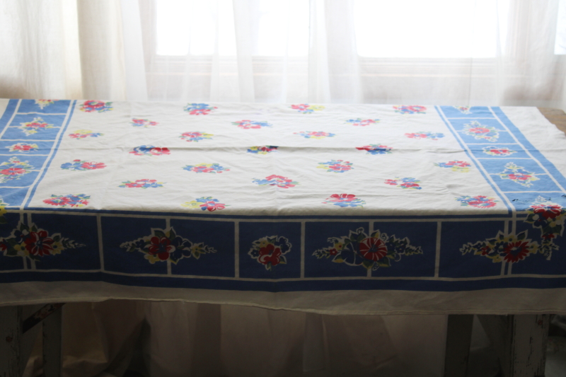 photo of vintage print cotton tablecloths lot, bright retro florals red blue yellow, upcycle cutter fabric #12