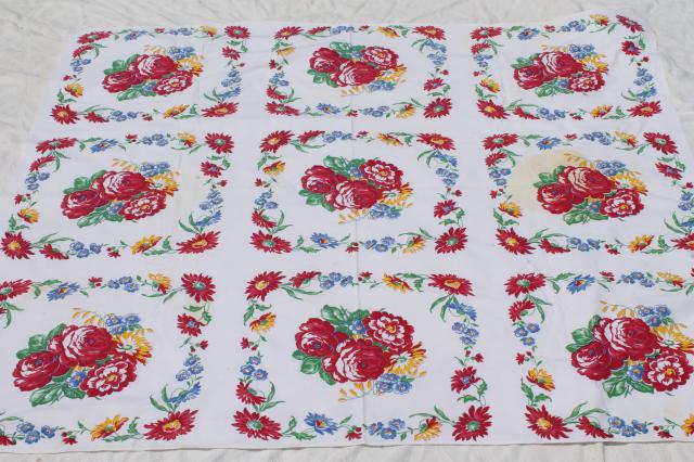 photo of vintage print cotton tablecloths, retro 40s 50s kitchen tablecloth lot #5